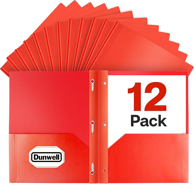 Dunwell Plastic 2-Pocket Folders with 3 Prongs, Red, 12 Pack, Poly | Durable Acid-Free Poly with Fasteners, Long-Term School & Office Use, Labels Included