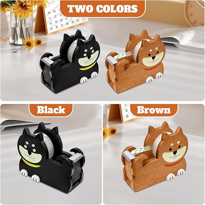 Wooden Tape Dispenser Desk - Cute Adorable Animal Design for Desk Organizing, 2-Pack Set Office & School Supplies (Black and Brown) (Dog)