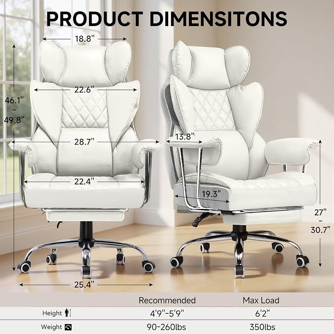 COMHOMA Big and Tall Office Chair, High Back Leather Gaming Chair with Footrest, Executive Ergonomic Office Chairs with Pocket Spring Lumbar Support and with Outward Fixed Soft Armrests