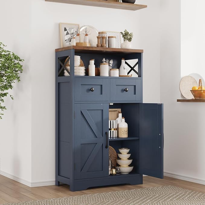 Farmhouse Storage Cabinet with Drawers, Small Kitchen Pantry Cabinet, Blue | Accent Coffee Bar Cabinet Cupboard, 2 Drawers, 2 Barn Doors & Adjustable Shelves, for Kitchen/Entryway/Living Room/Bathroom