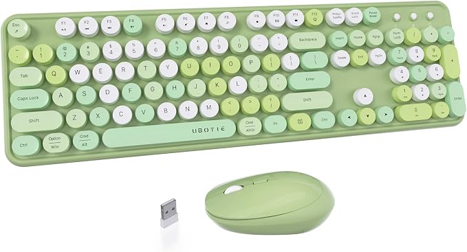 UBOTIE Colorful Wireless Keyboard and Mouse Combo (Green-Colorful) | Retro Typewriter Floating Full-Sized Keys Computer Keyboard with Optical Mouse, 2.4GHz USB Connection for Windows Mac