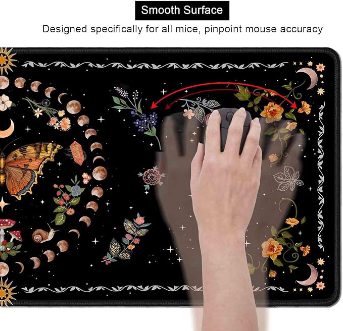 Gothic Moth Desk Pad Mat, Black Orange Large Mousepad, Moon Phases Desk Matt for Desktop, Suitable for Work, Gaming, Office, Home, Computer Accessories, 31.5 X 11.8 in, Floral Plant Aesthetic