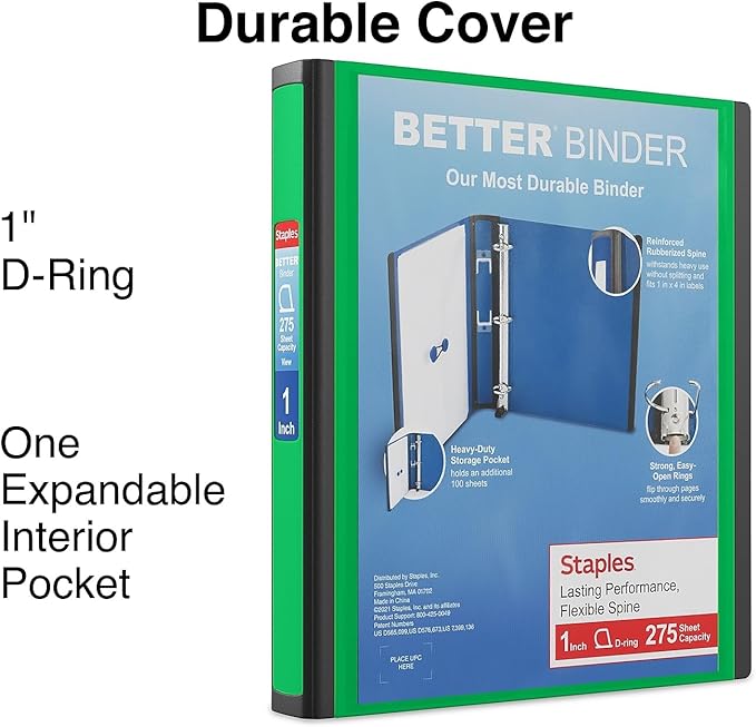 Staples Better View 1-Inch D-Ring Binder, Green – Durable 3-Ring Binder with Clear Overlay for School & Office