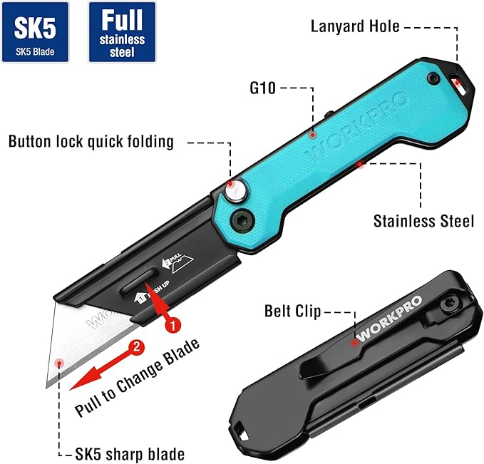 WORKPRO EDC Folding Utility Knife, Mini Box Cutter with Quick Open Axis Lock, Quick Change Blade Razor Knife, Foldable Small Pocket Knife with Belt Clip