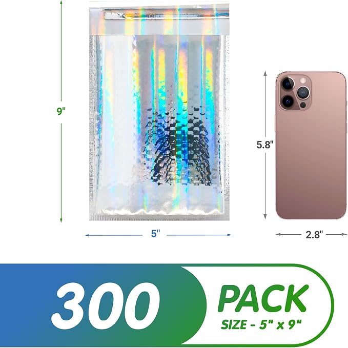 Glamour Metallic Bubble Mailers 5 x 9 Inches Hologram, 500 Pack Padded Envelopes for Shipping, Mailing, Packaging Protection