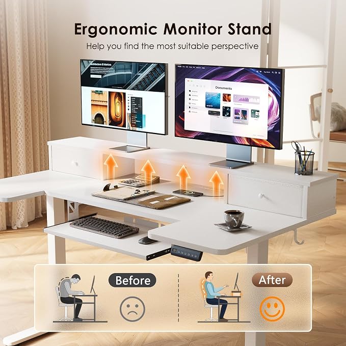 55 Inch U Shape Standing Desk with Keyboard Tray & Drawers, White | Power Outlet, Dual-Monitor Stand, LED Light, 3 Presets, 28.3"-46.5"in Range, 154 lb Capacity