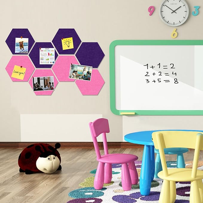 Large Hexagon Felt Cork Board Tiles, Self Adhesive DIY Felt Bulletin Board Pin Board with 35 Pushpins for Office School Home Wall Decor Stickers Memos Photos Display(Purple+Pink)