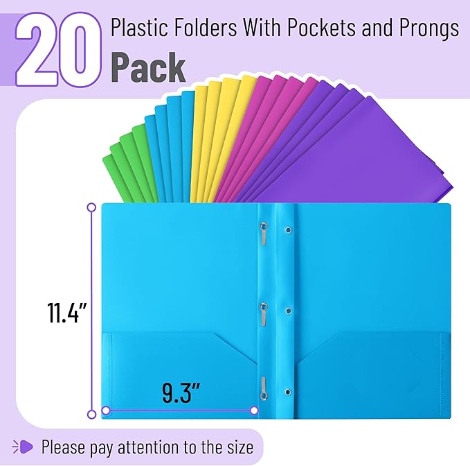 Mr. Pen- Plastic Folders with Pockets and Prongs, 20 Pack, Letter Size, Colorful, Flexible Plastic Folders with Prongs