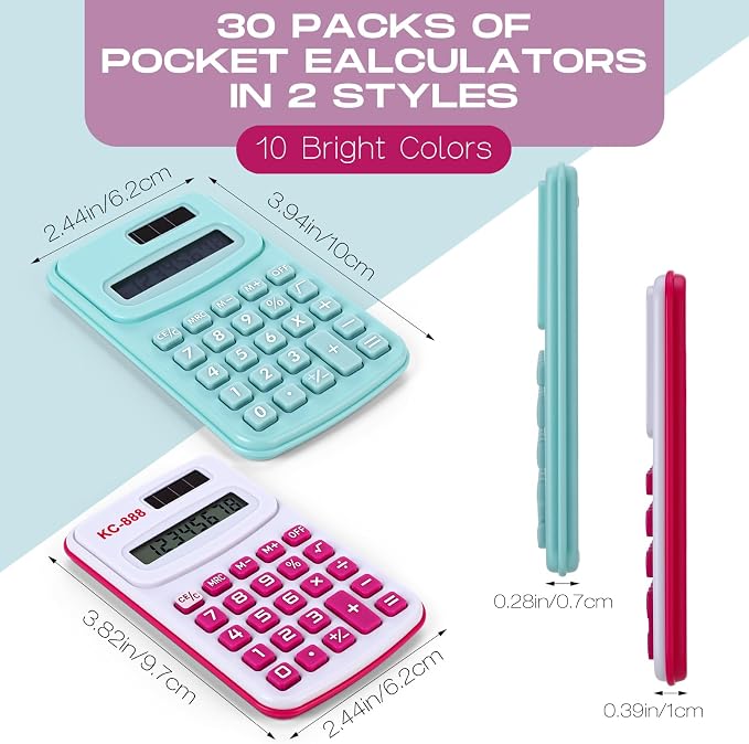 Flutesan 30 Pack Pocket Calculator,Red, Blue, Green, Black, Pink, Purple | Mini 4 Function Calculators, for Students Kids, Small Battery Powered Bulk, Basic Handheld, for School Classroom Home Office