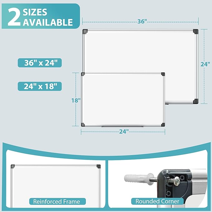 24"x18" White Board for Wall, Aluminum Frame Dry Erase Board, Hanging Magnetic Whiteboard with 1 Eraser & 2 Markers & 4 Magnets for Home, School, Office, Dorm Room, Classroom