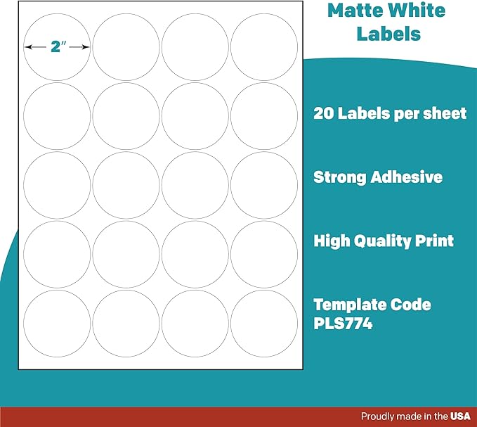 Premium Label Supply White Sticker Round Labels – 2" Circle – Laser/Inkjet Compatible – (20 per Sheet), 500 Sheets – 10,000 Total Adhesive Labels