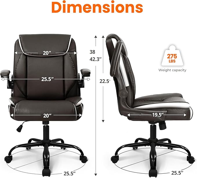 NEO CHAIR Office Desk Computer Chair Ergonomic Executive Mid-Back Leather Gaming Chair with Adjustable Flip-Up Armrests Wheels Swivel for Home Study Task (Brown)