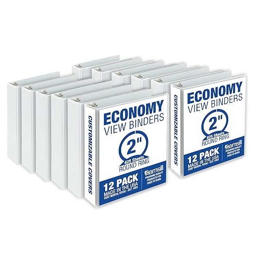 Samsill 2 Inch 3 Ring Binders, Economy Round Ring, Clear View Cover, 425 Sheet Capacity - for School, Home, Office - White, 12 Pack