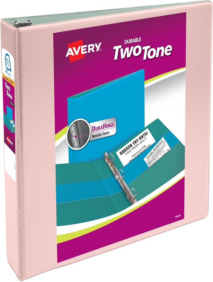 Avery® Two-Tone 3 Ring Binder, 1.5" Slant Rings, 1 Blush/Sage Binder | For School, Home and Office Organization, Customizable Clear Overlays, DuraHinge Tear-Resistant Spine, DuraEdge Sides