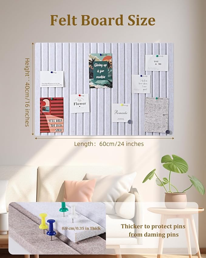 24 x 16" Large Bulletin Board, Decorative Felt Pin Board, 0.35“ Thick Foldable Photo Display Board with Self-Adhesive Tape, Vision Board for School Home Kitchen Office Walls/Sliver Grey