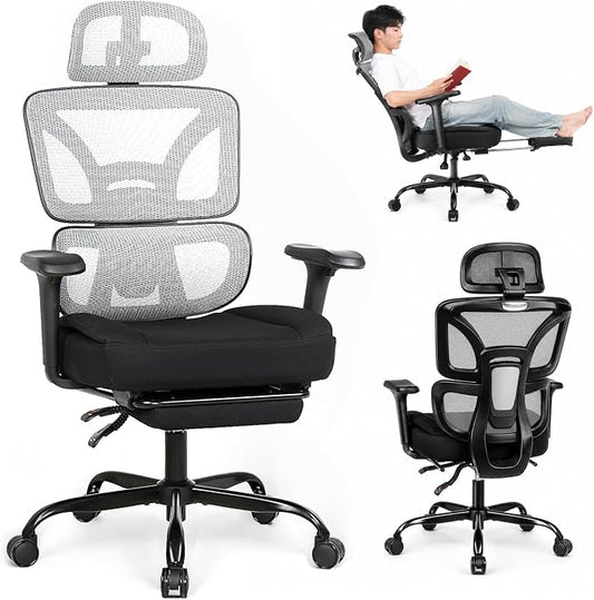 Ergonomic Office Chair with Footrest - High Back Mesh Computer Desk Chair | with Back Support, 135° Reclining, 4D Armrest & Headrest, 400lbs Thickened Seat Cushion, for Home Office, Work & Gaming