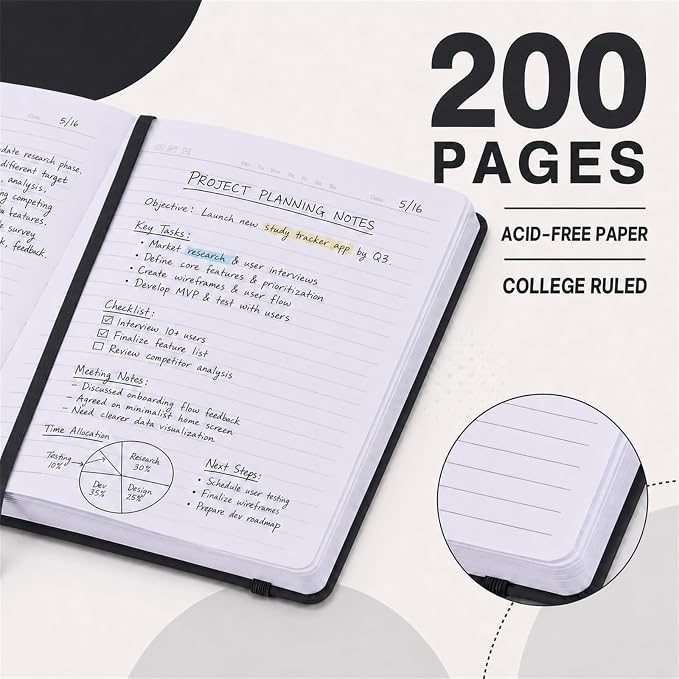 Hardcover-Journal-Notebooks, A5 Lined Journals Notebook for Writing 200 Pages, 8.2 x 5.5 inch, Classic Ruled Notebooks for Work/Travel/College (Black- 1 Pack)