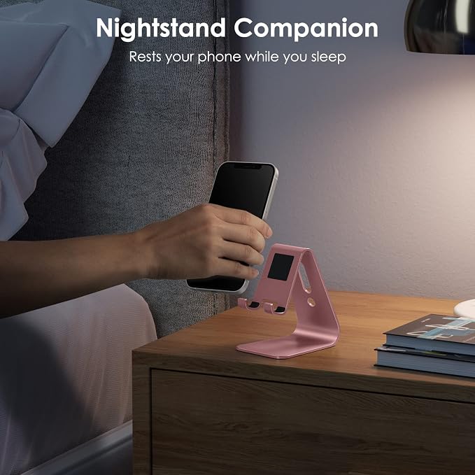OMOTON C1 Upgraded Aluminum Cell Phone Stand for Desk, Durable Phone Dock | Protective Pads Cellphone Dock for iPhone 17/16/15/14/13 Pro Max Air, iPad mini, Android Smartphones - Rose Gold