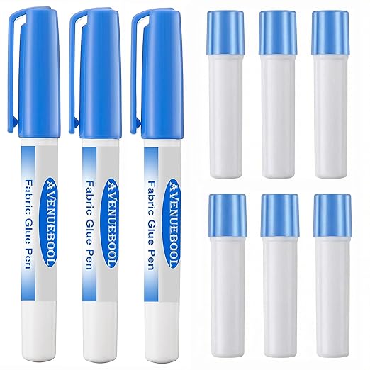 Fabric Glue Pen with Refill, Washable Temporary Fabric Sewing Adhesive, Temporary Blue Glue Stick for English Paper, Quilting, Piecing Patchwork Sewing (3 Pack)