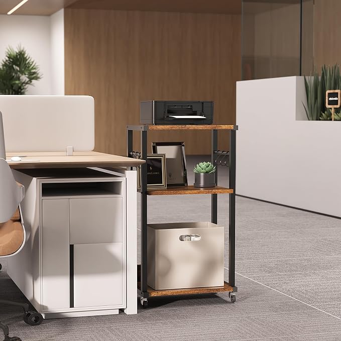 YMYNY 3-Tier Mobile Printer Stand 32.28*17.32*11.81" Rustic Brown HPT002H | Printer Cart with Adjustable Storage Shelf & 6 S-Hooks Tall Printer Table for Home Office,for Computer Tower Stand,Shredder