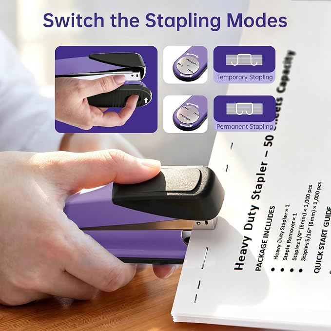 Metal Stapler Heavy Duty for Desk - 50 Sheet Capacity with 2000 Pieces 1/4", 5/16" Staples and Staple Remover, No Jam, Non-Slip, Stapler Heavy Duty for Classroom and Office, Purple