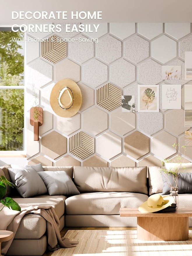 Fluxynara 10-Pack Hexagon Cork Board Alternative, Stone Beige | Felt Bulletin Board with 50 Adhesive Tabs, Ideal for Vision Boards and Wall Decor in Homes, Offices, Classrooms, and Dorms