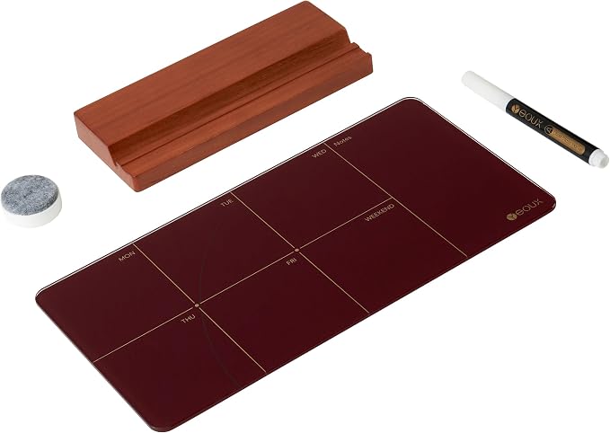 Desk Weekly Glass Dry Erase Board with Detachable Wood Stand, Burgundy Red, Small Desktop Calendar to Do List Planner Whiteboard 12x6 for Office, Home, Schools, Marker&Eraser Included, Yeoux