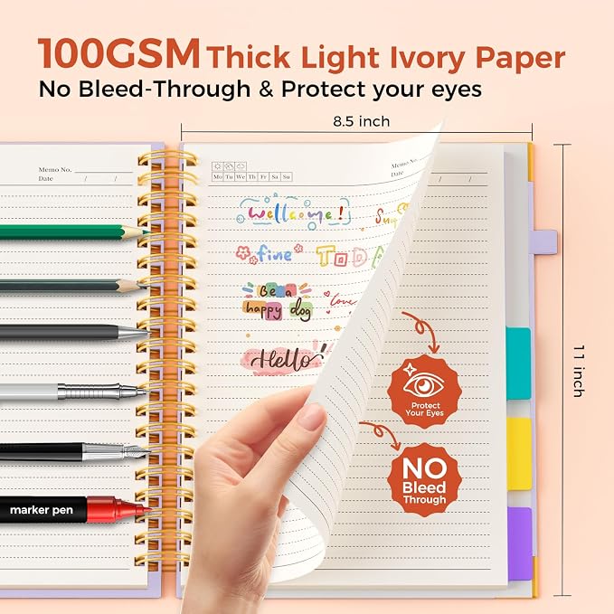 XYark A4 Hardcover Spiral Notebook, 8.5"x11" College Ruled Notebooks with Removable Dividers Tabs & Ruler, 5 Subject Notebook 300 Pages, Large Lined Journal for Women School Work Office, Light Purple
