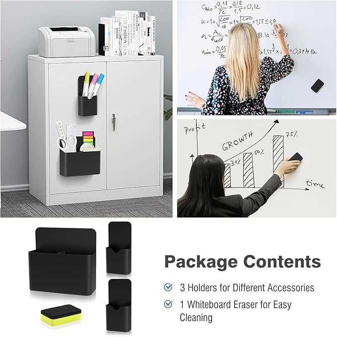 MoKo Magnetic Pen Holder Set, 3-Pack with Eraser, Black | Magnetic dry erase marker holder set has one large divided organizer, two small holders and one eraser.