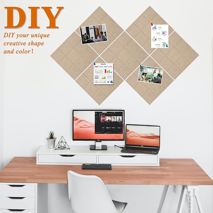 Large Square Felt Cork Board Tiles, Self Adhesive DIY Felt Bulletin Board with 35 Pushpins for Office School Home Wall Decor Stickers Memos Photos Display (Brown)