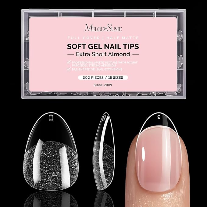 MelodySusie Extra Short Almond X Nail Tips - 300Pcs 15 Sizes Clear Acrylic,Half Matte Full Cover Press on Nails for DIY Extension & Salon Use,Pre-Shaped for Long-Lasting Manicure