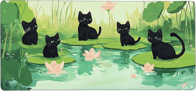 Cute Anime Black Cat Gaming Mouse Pad, Forest Green Anime Desk Mat with Anti-Slip Base & Stitched Edges, Office Supplies & Desk Decor for Women, 35.4" x 15.7" in Home Office Essentials