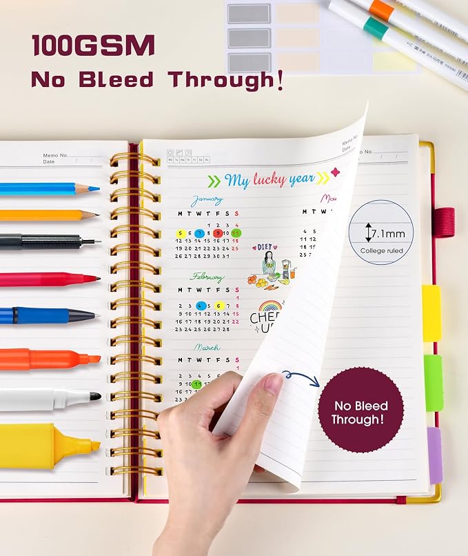 Hardcover Spiral Notebook 8.5"x11" Journal with Removable Dividers Tabs, 300 Pages Leather 5 Subject Notebook College Ruled, Large A4 Notebooks for Work School, Lined Journal for Women, A4 Rose