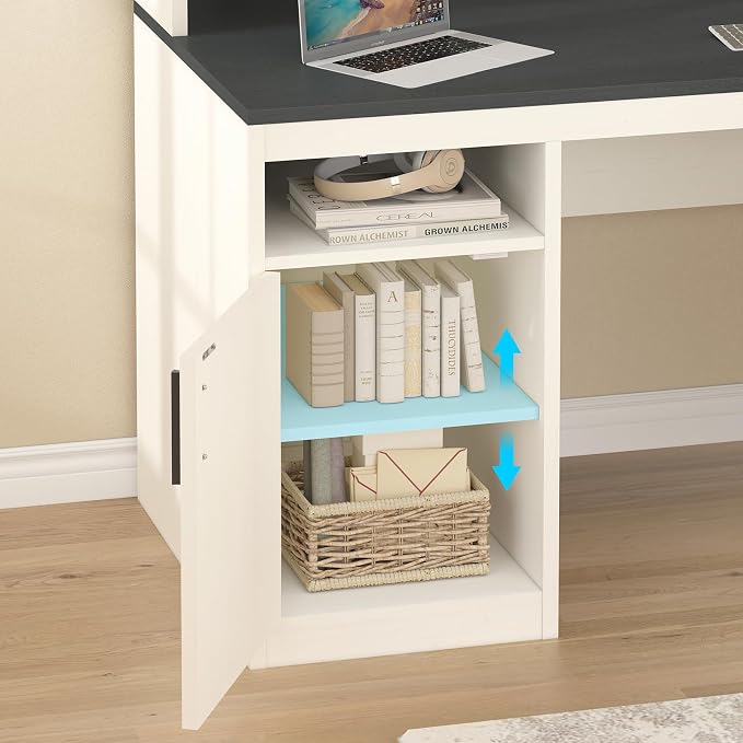 65" Computer Desk with 3 Drawers & Printer Shelf for Home Office | Office Desk with Printer Shelf & File Drawer, Executive Desk Writing Study Table with Monitor Stand, Black & White