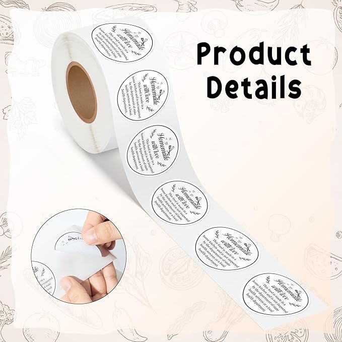 PANTIDE Cottage Food Law Labels Stickers - 500 Count Homemade with Love Adhesive Round Decal Roll, Made in a Home Kitchen Inspection Statement Thermal Printed for Baked Food Packaging (2 x 2 Inch)