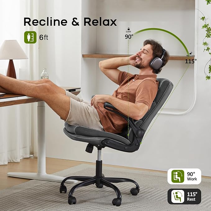 amseatec Small Desk Chair, Comfy Office Chair, Flip-Up Arms for Home | 3-zone mid backrest and dual-layer cushion add comfort; PU upholstery, 90° upright lock, 115° tilt, rocking mode；300lbs
