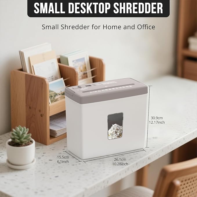 5-Sheet Cross Cut Paper Shredder for Home Office, P-4 High Security Level Document Shredder with 2.38 Gallon Bin, Jam Proof Design & Thermal Protection for Professional Use, Brown + White