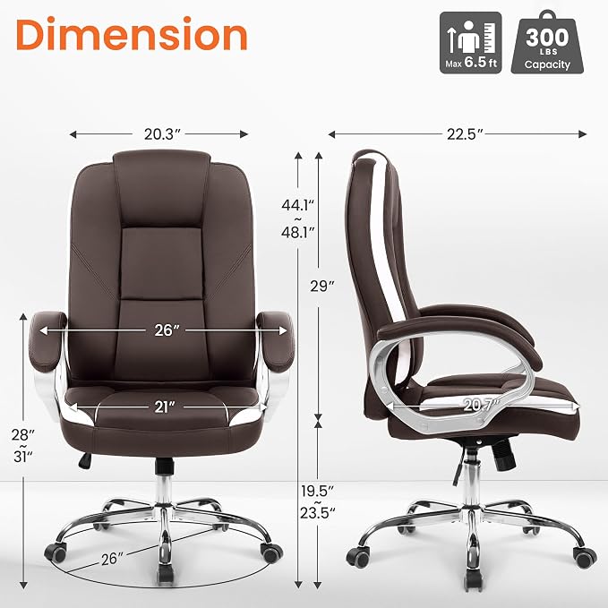 NEO CHAIR Office Desk Chair PU Leather Chair with Lumbar Support, Brown | Ergonomic High Back Executive Computer Chair, Comfortable Padded Fixed Armrests Swivel Chair with Wheels for Office/Home