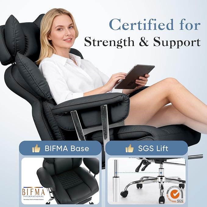 DUMOS Big and Tall Home Office Desk Chair, Executive Chair with Footrest | Ergonomic Reclining, Scratch-Resistant PU Leather, Pocket Spring Support, 400 LBS Weight Capacity, Black