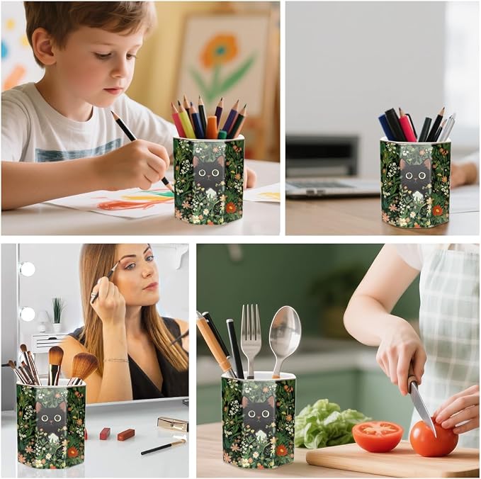Pen Holder, Pencil Cup for Desk, Cute Desk Organizer, Durable Ceramic Decorative Makeup Brush Desktop Accessories, Stylish Stationery for Office, Home, Cute Cat Pattern