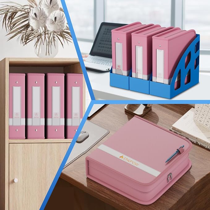ENGPOW 3 Ring Binder,Fireproof 3" D Ring Organizer with Zipper & Pockets | Holds 750 Sheets,Non-Stick,PVC-Free,Compatible with Sheet Protectors,Durable School Office Home Safe Storage for Paper,Pink