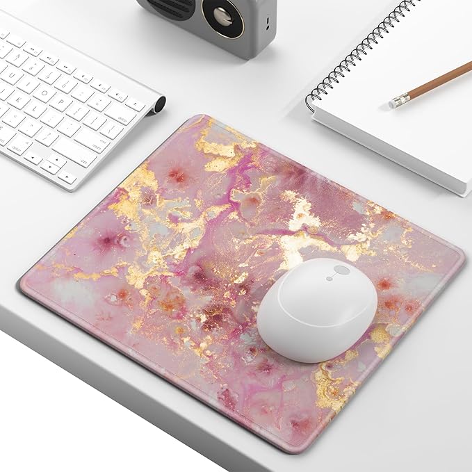 Mouse Pad, Minimalism Marble Style Computer Pad, Anti-Slip Rubber Mouse Mat with Stitched Edges for Gaming, Office, Laptop, PC, Women, 9" x 8" Thick 3 mm, Pink Gold Marble