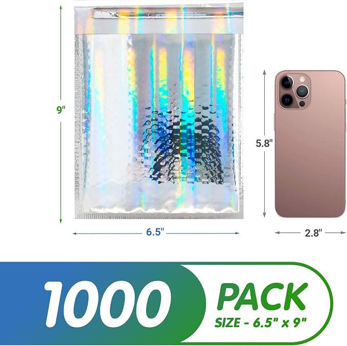 Glamour Metallic Bubble Mailers 6.5 x 9 Inches Hologram, 1000 Pack Padded Envelopes for Shipping, Mailing, Packaging Protection