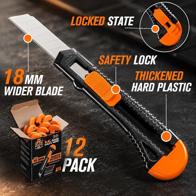REXBETI 12-Pack Utility Knife, Retractable Box Cutter for Cartons, Cardboard and Boxes, 18mm Wider Razor Sharp Blade, Smooth Mechanism, Perfect for Office and Home use | Razor Sharp Snap-Off Blade, Smooth Sliding Mechanism, Durable Cutter Knife for Car...