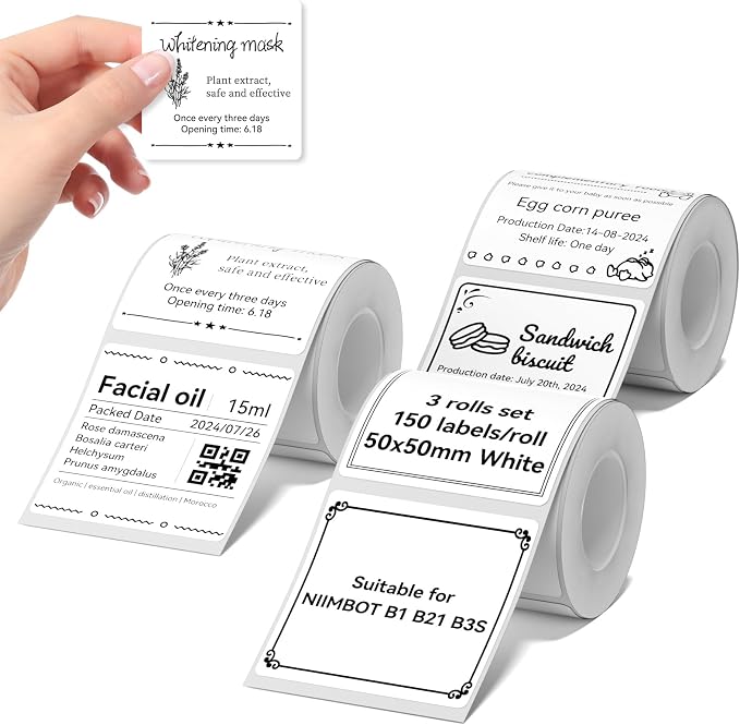 NIIMBOT Labels for B1/B2/B21/B31/B3S/K3 Sticker Printer, 50x50mm, White | 3 Rolls Set, 1.97'' x 1.97'', 150 Labels/Roll, Refill Labeling Tape for Home School Office Small Business