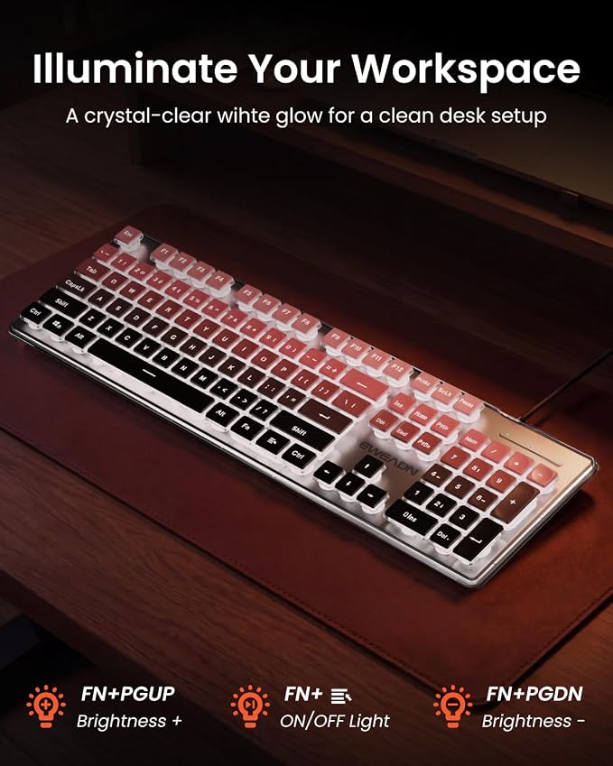 Wired Keyboard with White Backlight Pudding Keycaps, Pink-Black Ombré | Quiet Full Size Computer Keyboard Easy-to-Read, Never Fade, Metal Panel, USB Cute Desk Setup for Windows PC Desktop