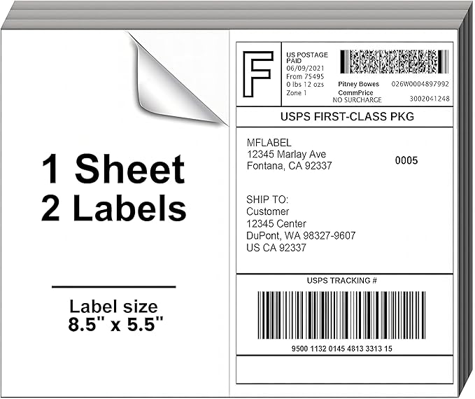 8.5 x 5.5 Inch Half Sheet Shipping Labels for Laser and Inkjet Printers, 600 Labels/300 Page (2 Labels/Page), Permanent Self Adhesive Mailing Labels for Printer