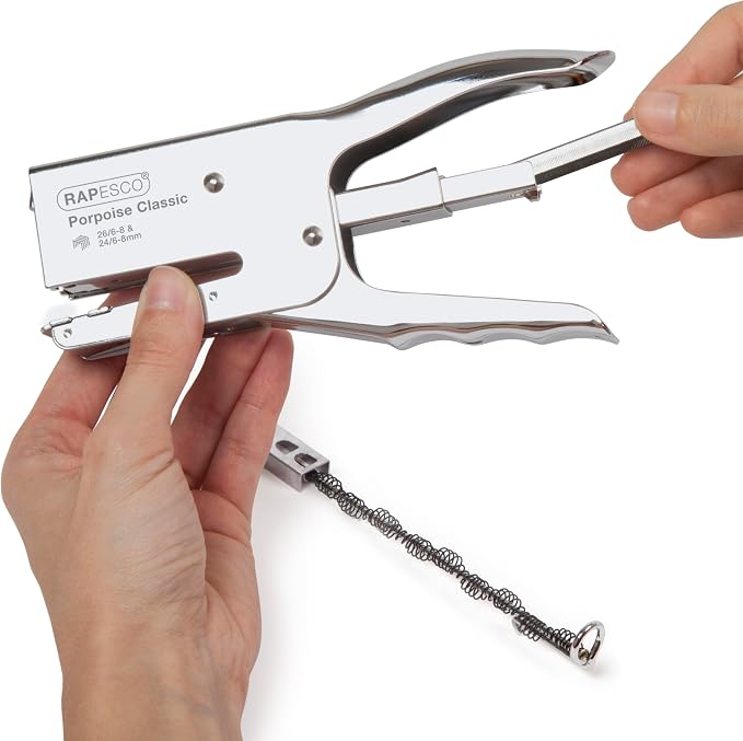 Rapesco 1298A Porpoise Classic Stapling Plier, 45 Sheet Capacity, Chrome | Includes 10,000 Standard 5/16" Staples, All-Metal Construction, Rotating Anvil for Pinning, Rear-Loading, for Office