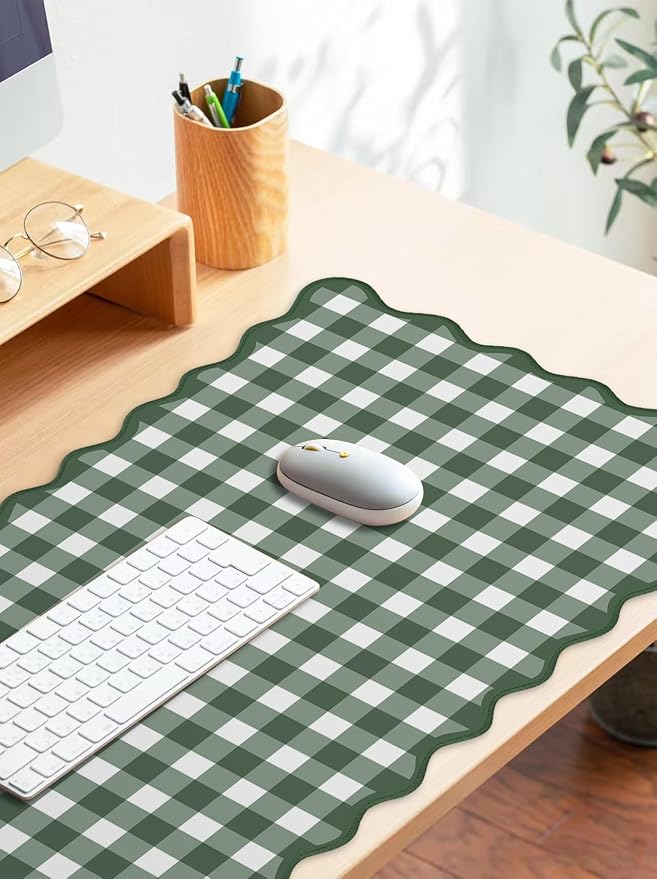 Forest Green Scalloped‌ Pink Checkered Gingham Desk Mat Cute Pastel Large Mouse Pad Kawaii Cottagecore ‌Vintage‌ Girly Laptop Keyboard Computer Mat Pad Aesthetic Cozy Office Desk Decor for Women