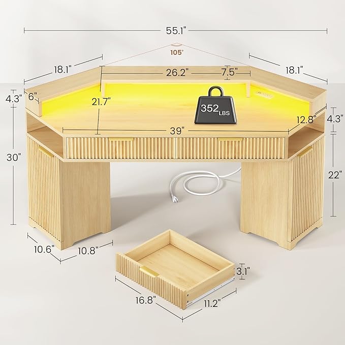 SEDETA Computer Desk with 2 Drawers, Small Diamond Office Desk with Storage Cabinet for Small Space, Gaming Desk with LED Lights & Power Strip for Home Office, Oak
